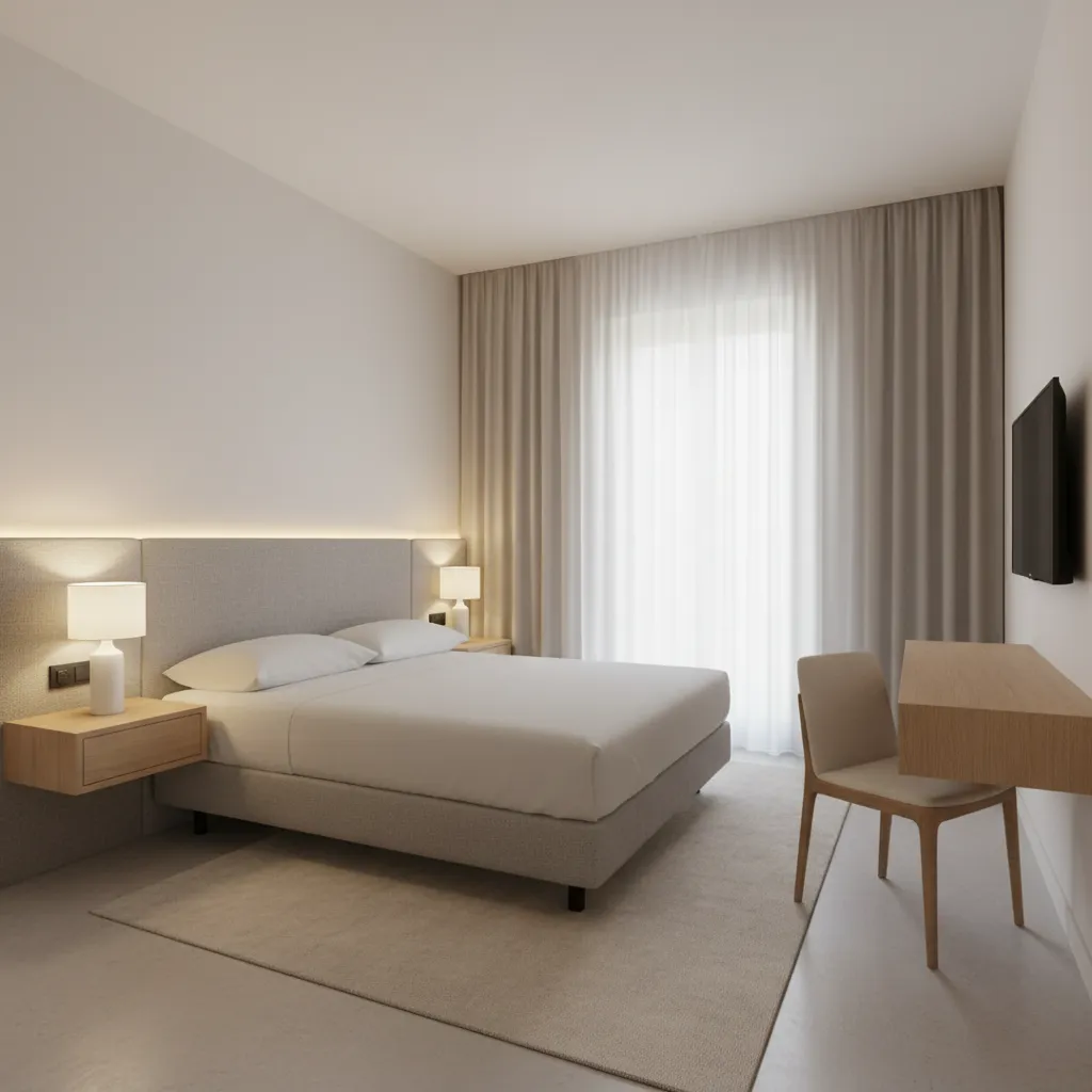 Small hotel room with floating nightstands and wall mounted desk saving floor space