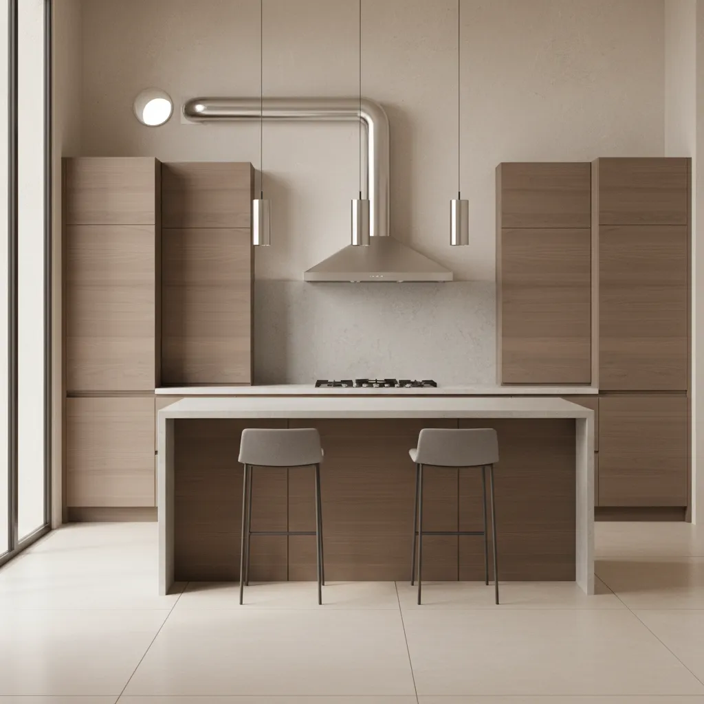 modern wall mounted kitchen chimney venting outside above gas cooktop