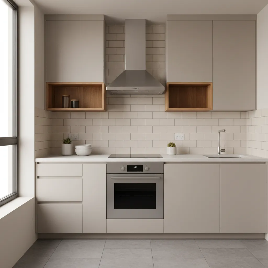 wall mounted chimney layout above cooktop in compact kitchen