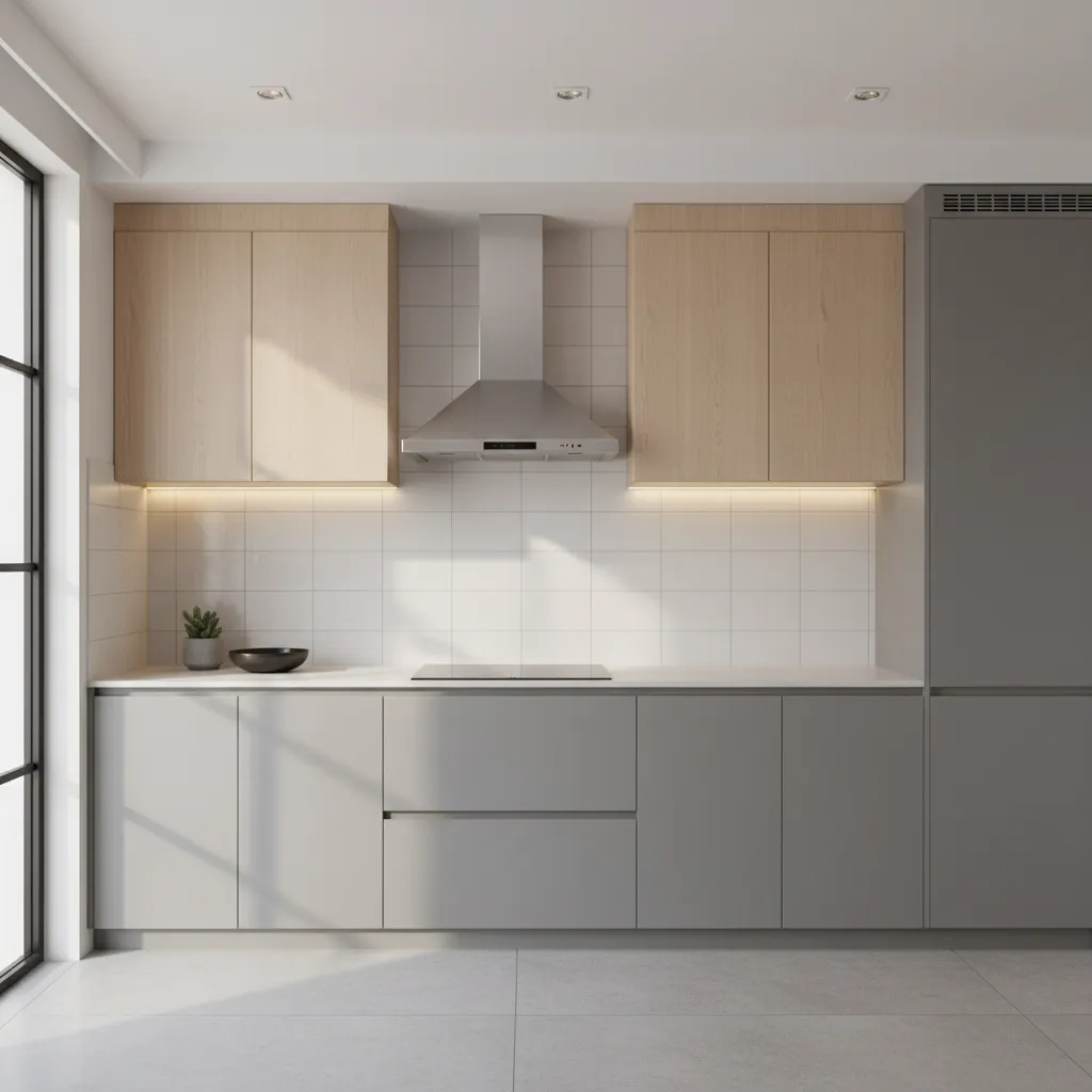 Modern kitchen with wall mounted chimney above cooktop