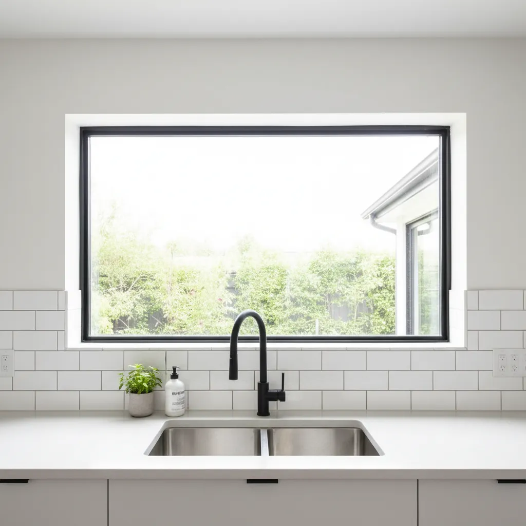 Modern kitchen featuring a double sink with black faucet under a large window with garden