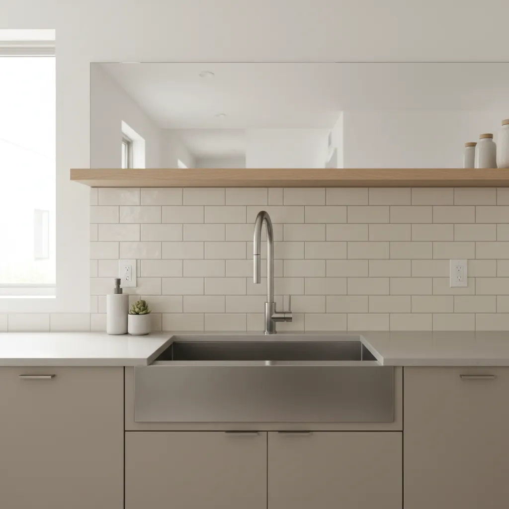 wall mount kitchen faucet installed above stainless steel kitchen sink