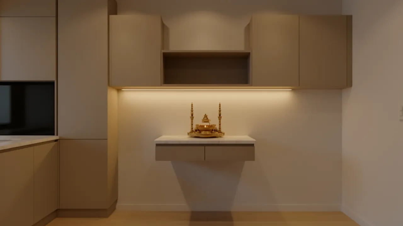 Small kitchen with floating wall mounted pooja mandir shelf and warm lighting