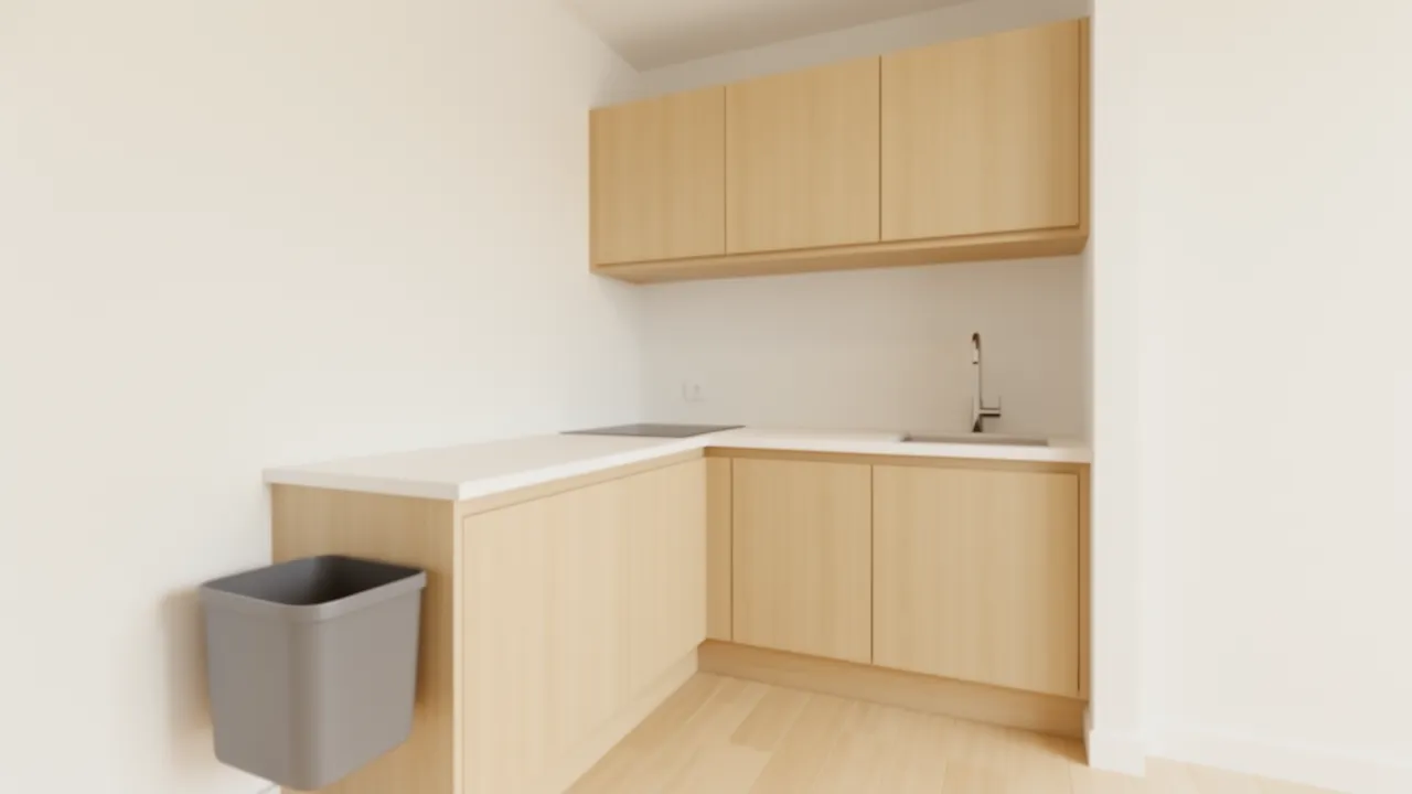 Compact wall mounted kitchen trash bin installed beside countertop