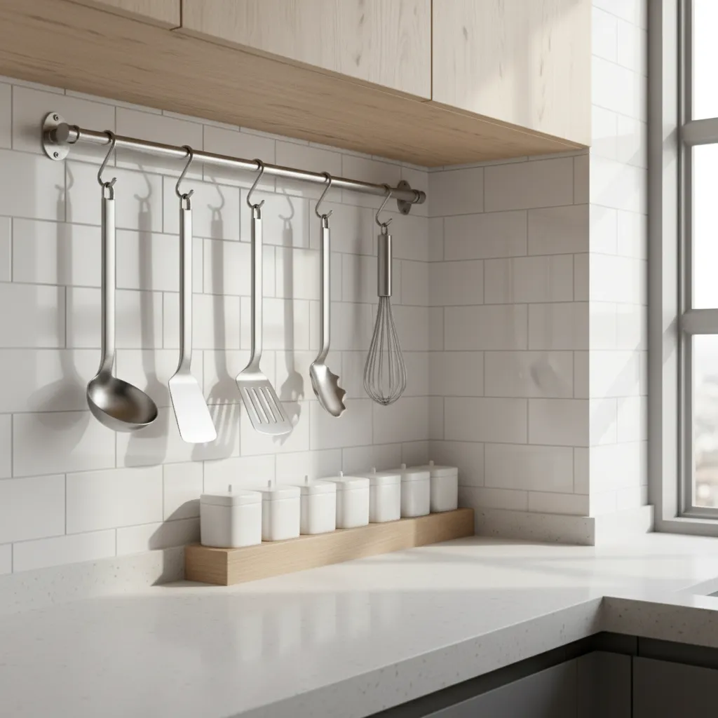 wall mounted rail with hanging kitchen utensils in small kitchen