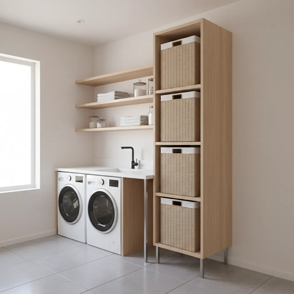wall mounted laundry baskets saving floor space in a small laundry room