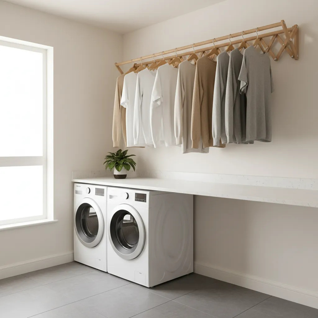 Wall mounted accordion drying rack installed in a modern laundry room