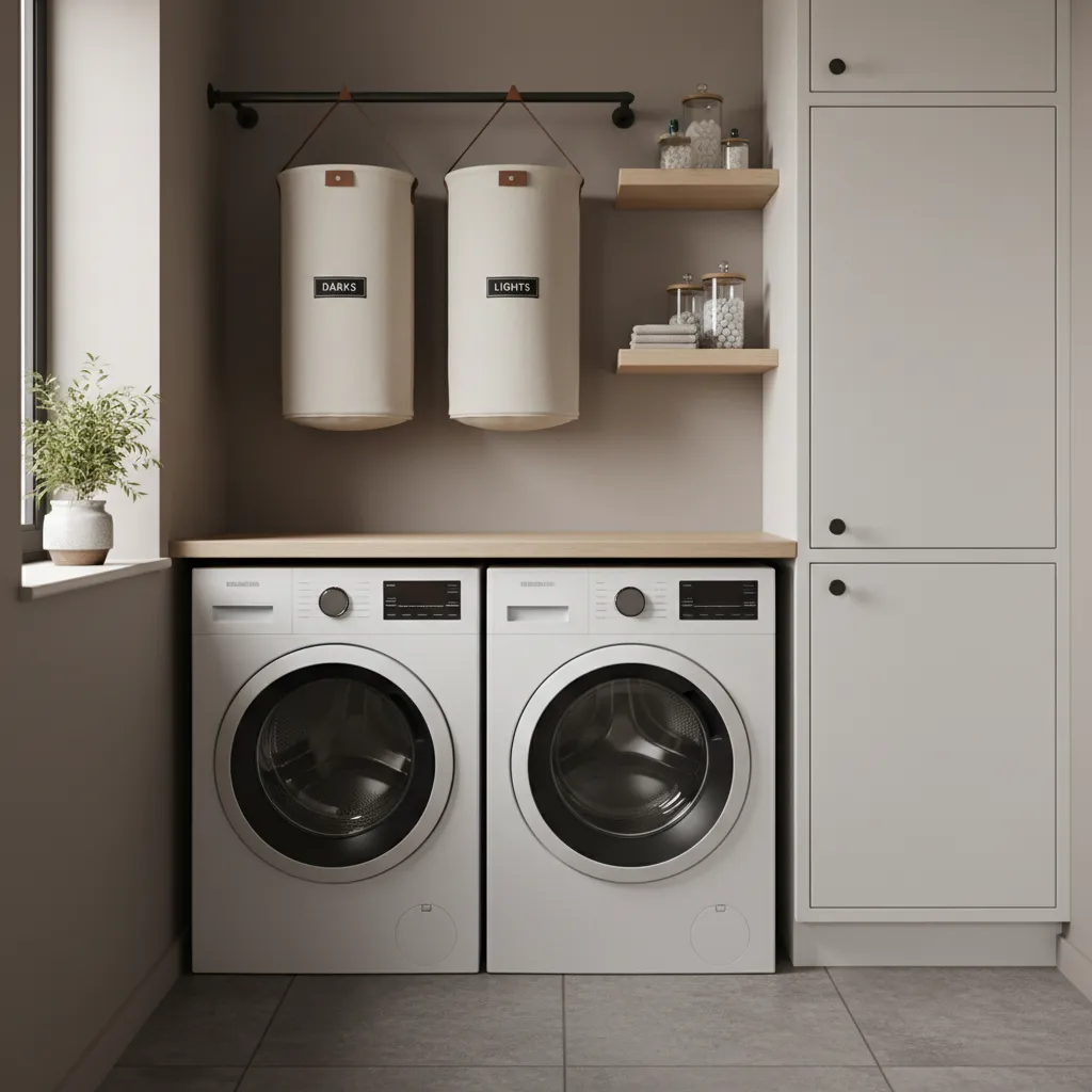 wall mounted canvas laundry hamper in small laundry room