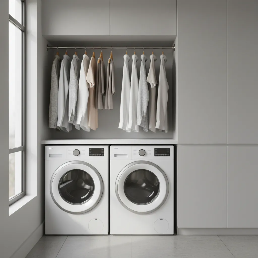 wall mounted laundry hanging rod installed above washer and dryer