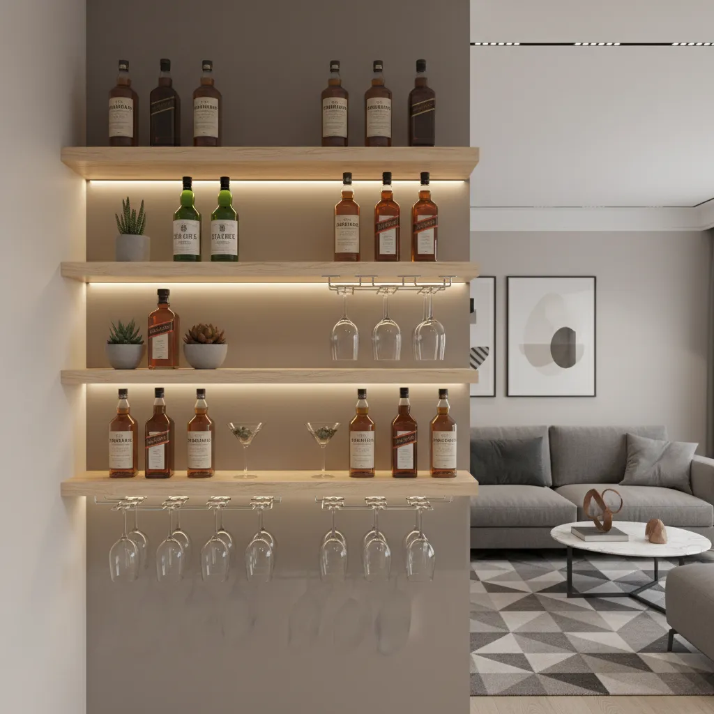 Wall mounted floating shelf bar with glasses and bottles in modern living room