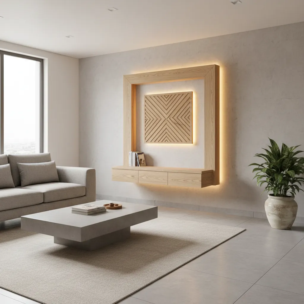 floating wall mounted mandir in modern living room