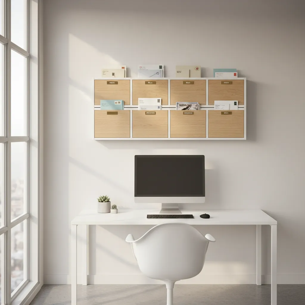 vertical wall mail organizer with labeled compartments in home office