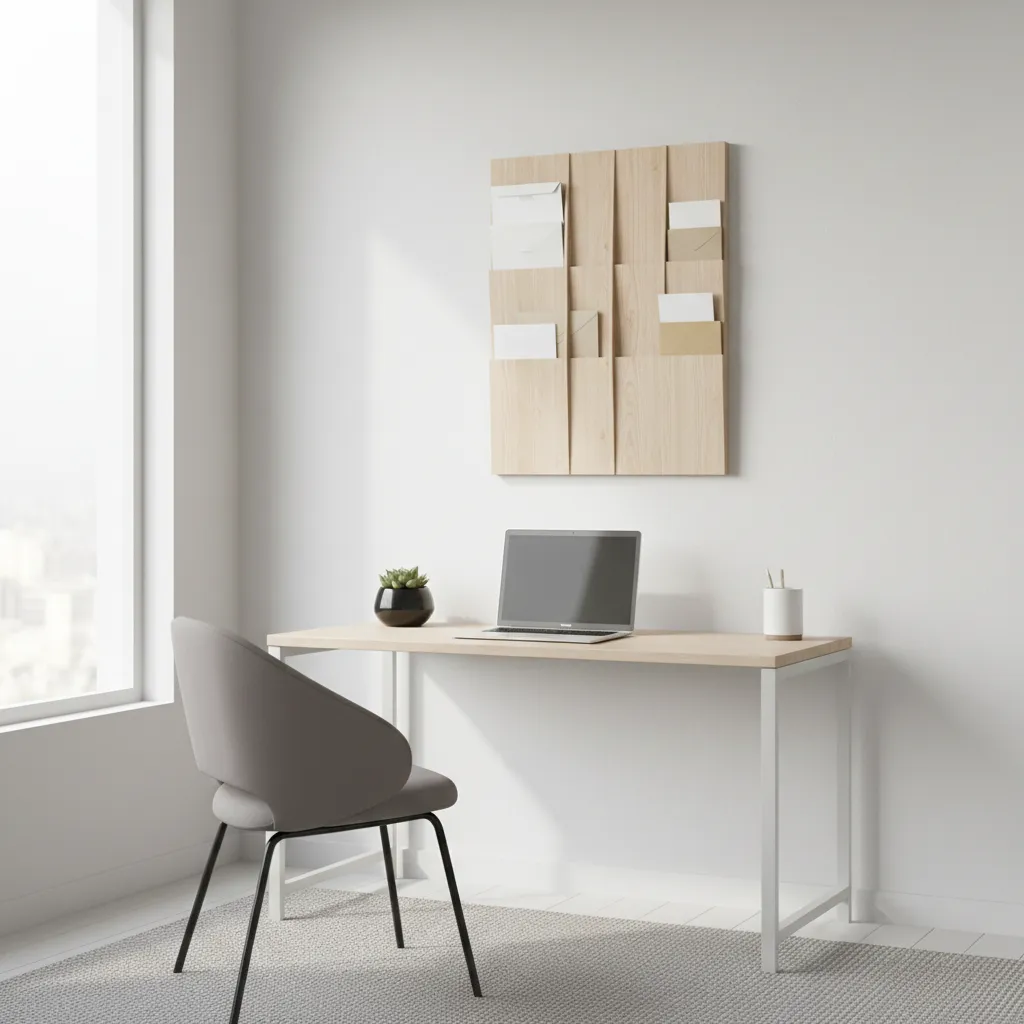 Wall mounted mail organizer with vertical slots in a modern home office