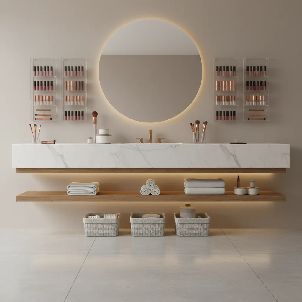 Wall mounted shelves and organizers above vanity storing makeup and brushes