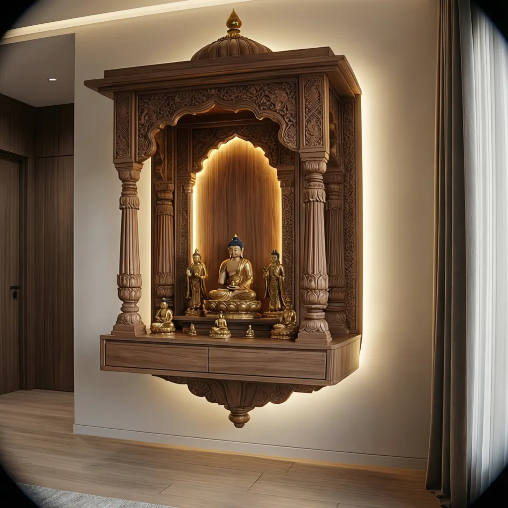 Wall mounted wooden mandir with backlit panel saving space