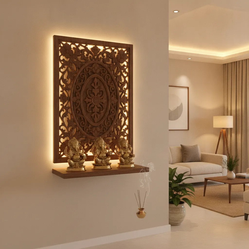 wall mounted wooden mandir with soft backlighting in modern home