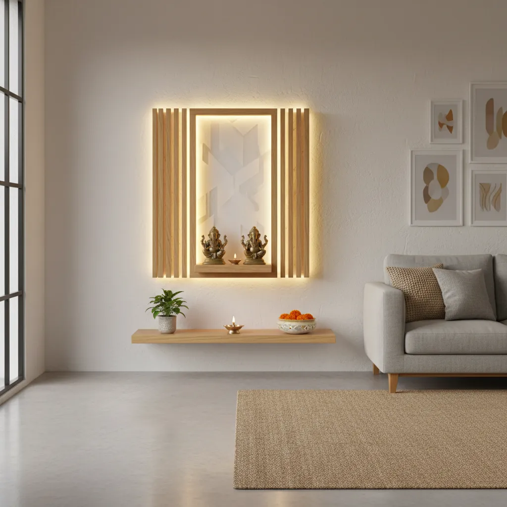 Modern wall mounted mandir design with backlit panel