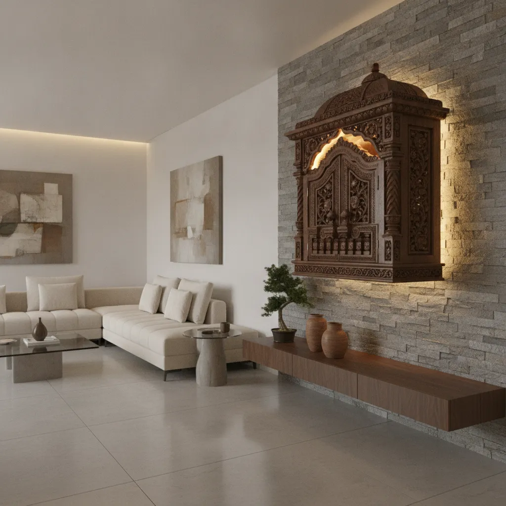floating wall mounted wooden mandir with LED lighting