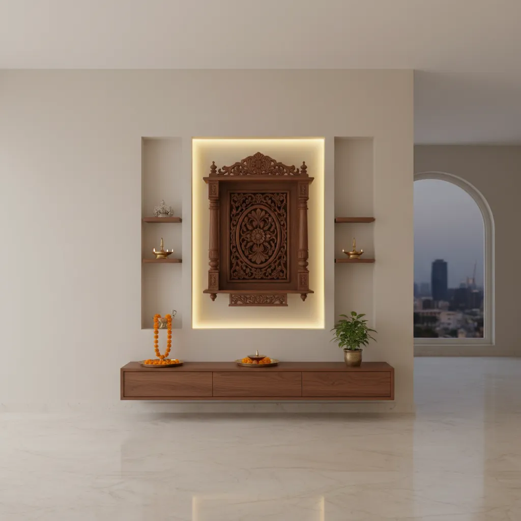 wall mounted mandir design with carved wooden panels and warm lighting