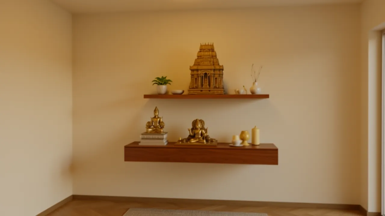 Wall mounted wooden mandir installed in a small apartment living room