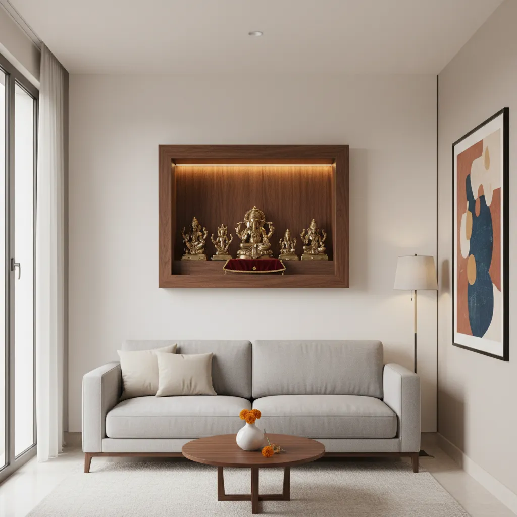 wall mounted wooden mandir in a small apartment living room