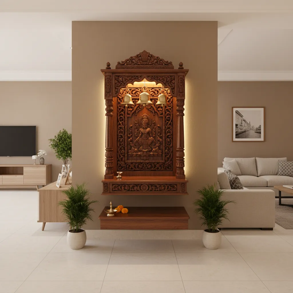 wall mounted wooden mandir design suitable for small homes