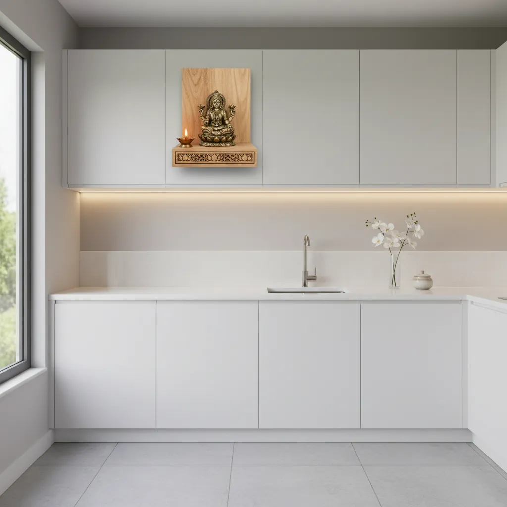 Wall mounted wooden mandir shelf in a small modern kitchen