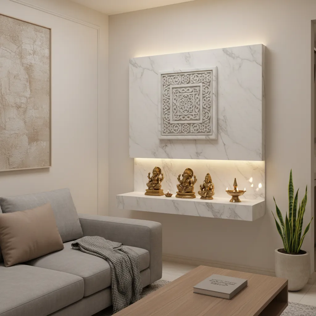 Wall mounted marble mandir with carved panel and shelf