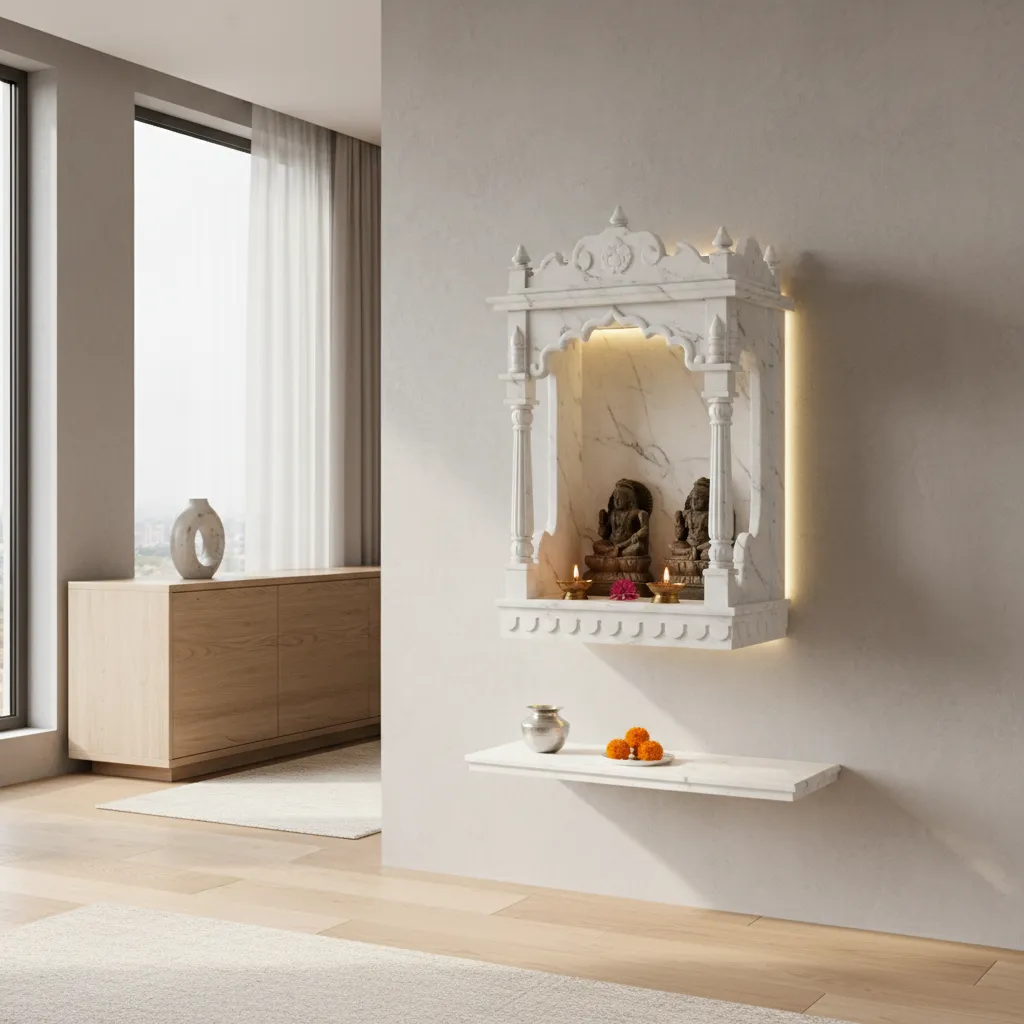 Wall mounted marble pooja mandir design in a modern apartment