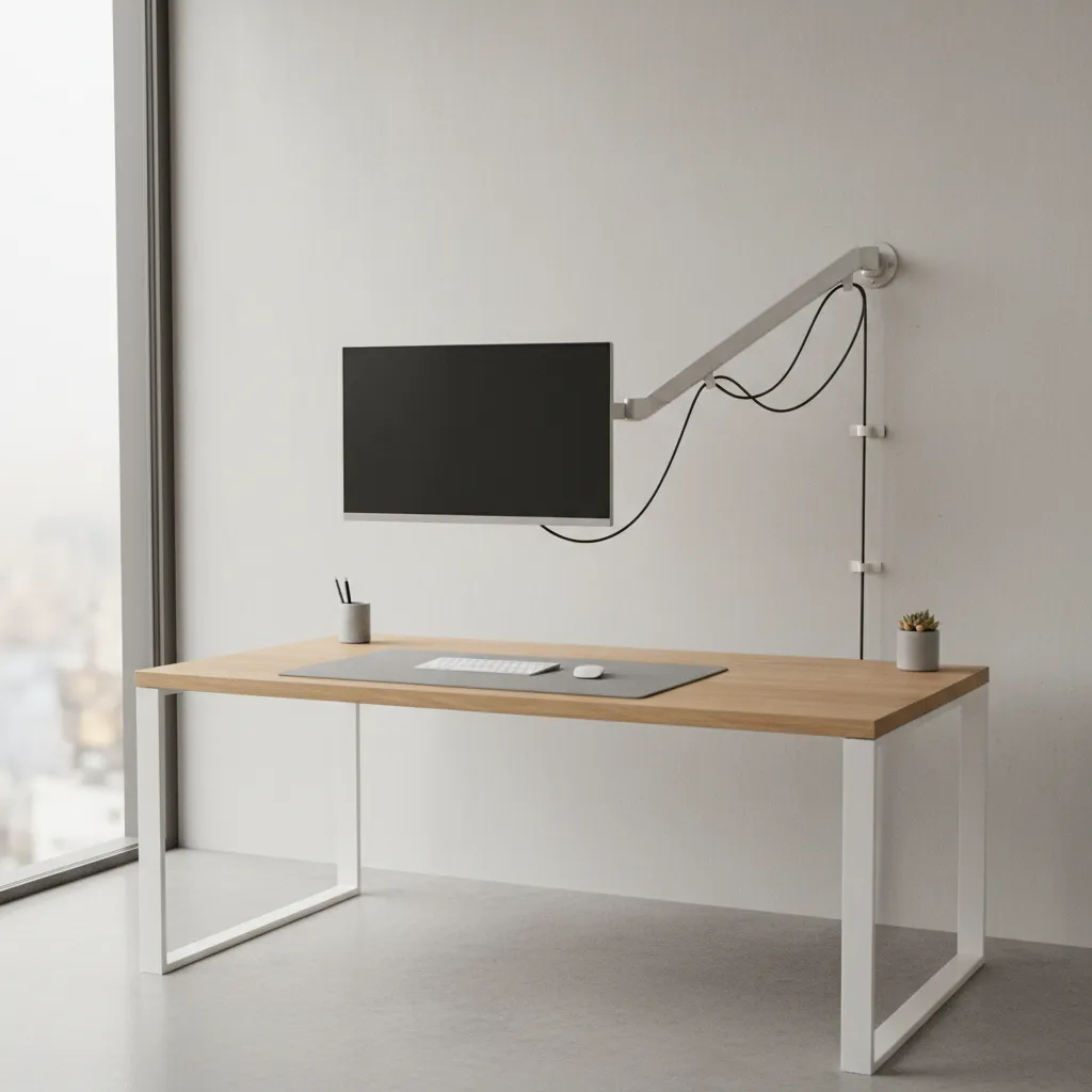 wall mounted monitor with proper cable slack and cable routing along mount arm