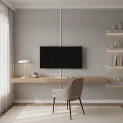 Modern workspace featuring a wall mounted monitor with white cable cover and floating wooden desk