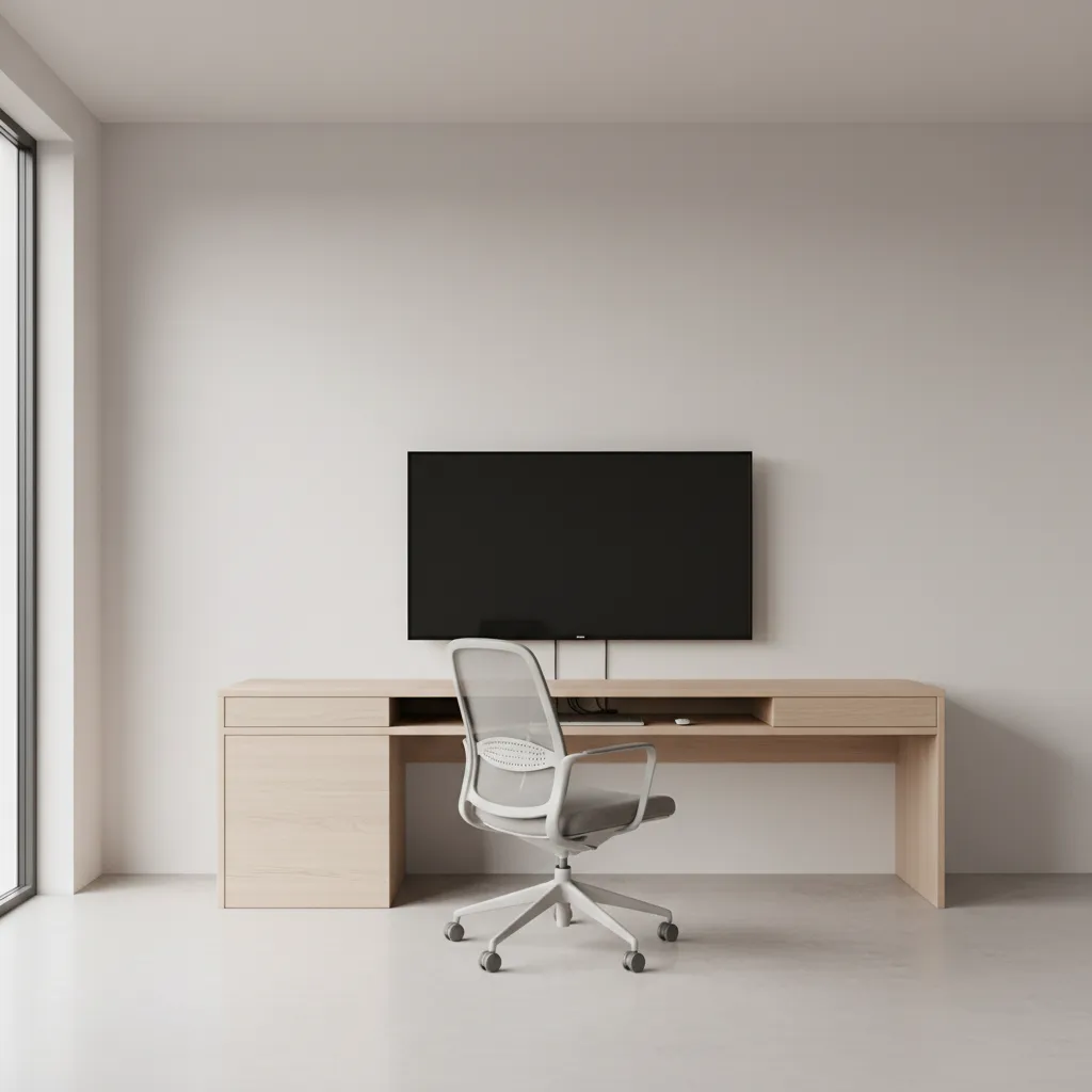 Wall mounted monitor above minimalist desk with hidden cables