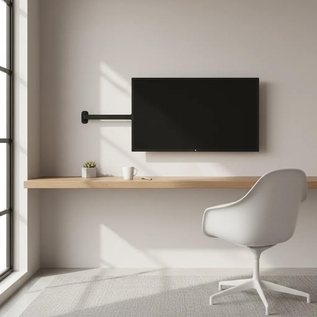 Minimal desk with monitor mounted on wall showing clear desk surface