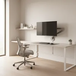 Minimalist home office with long white desk grey chair and wall mounted monitor with shelf
