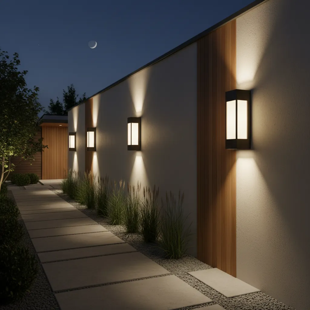 wall mounted outdoor lights illuminating a small residential pathway