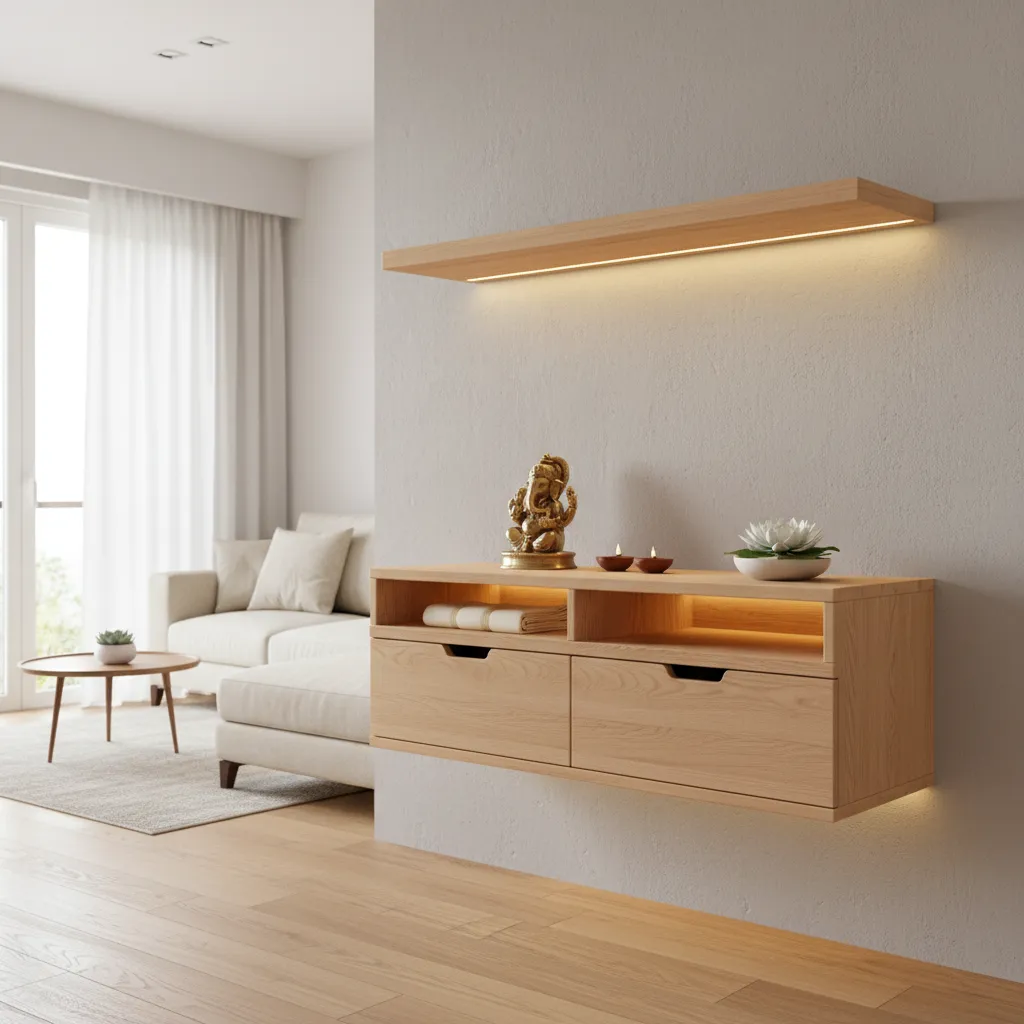 Wall mounted pooja cupboard saving space in a small apartment