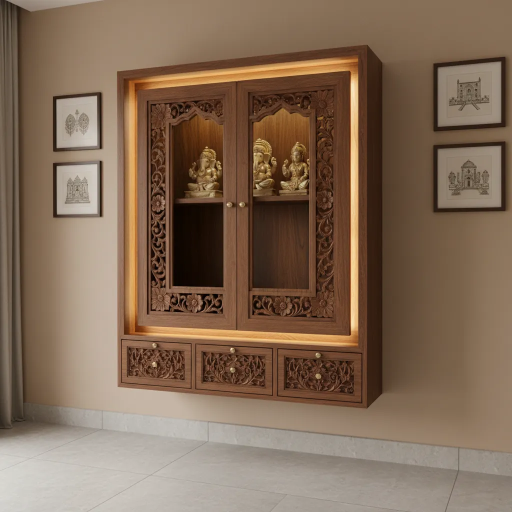 Wall mounted pooja cupboard with drawers and soft lighting