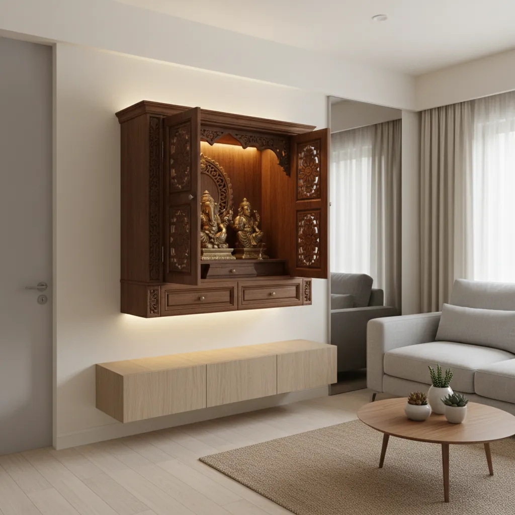 wall mounted pooja cupboard installed in a small apartment living room
