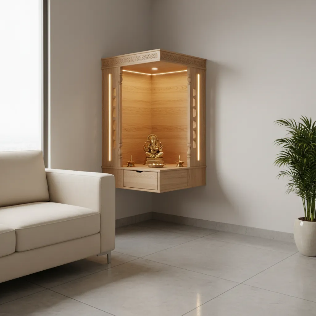 Wall mounted wooden pooja mandir design for small apartment