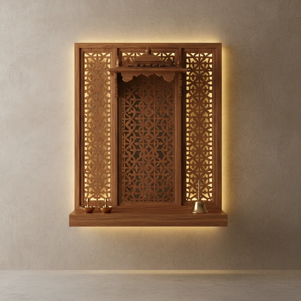 Elegant wall mounted wooden pooja mandir with jaali panel and LED lighting