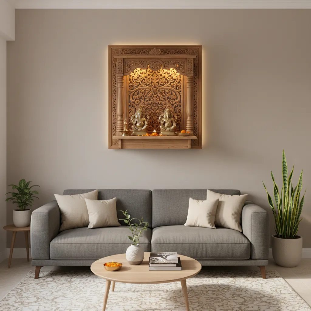 wall mounted pooja mandir design in a small modern apartment living room