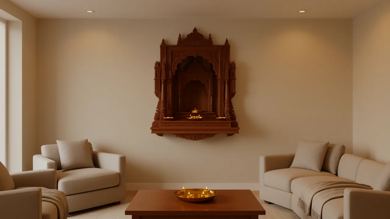 Wall mounted wooden pooja mandir in a compact apartment living room