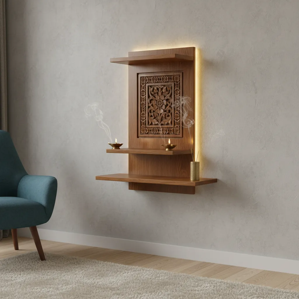 Wall mounted wooden pooja stand with shelves and warm lighting