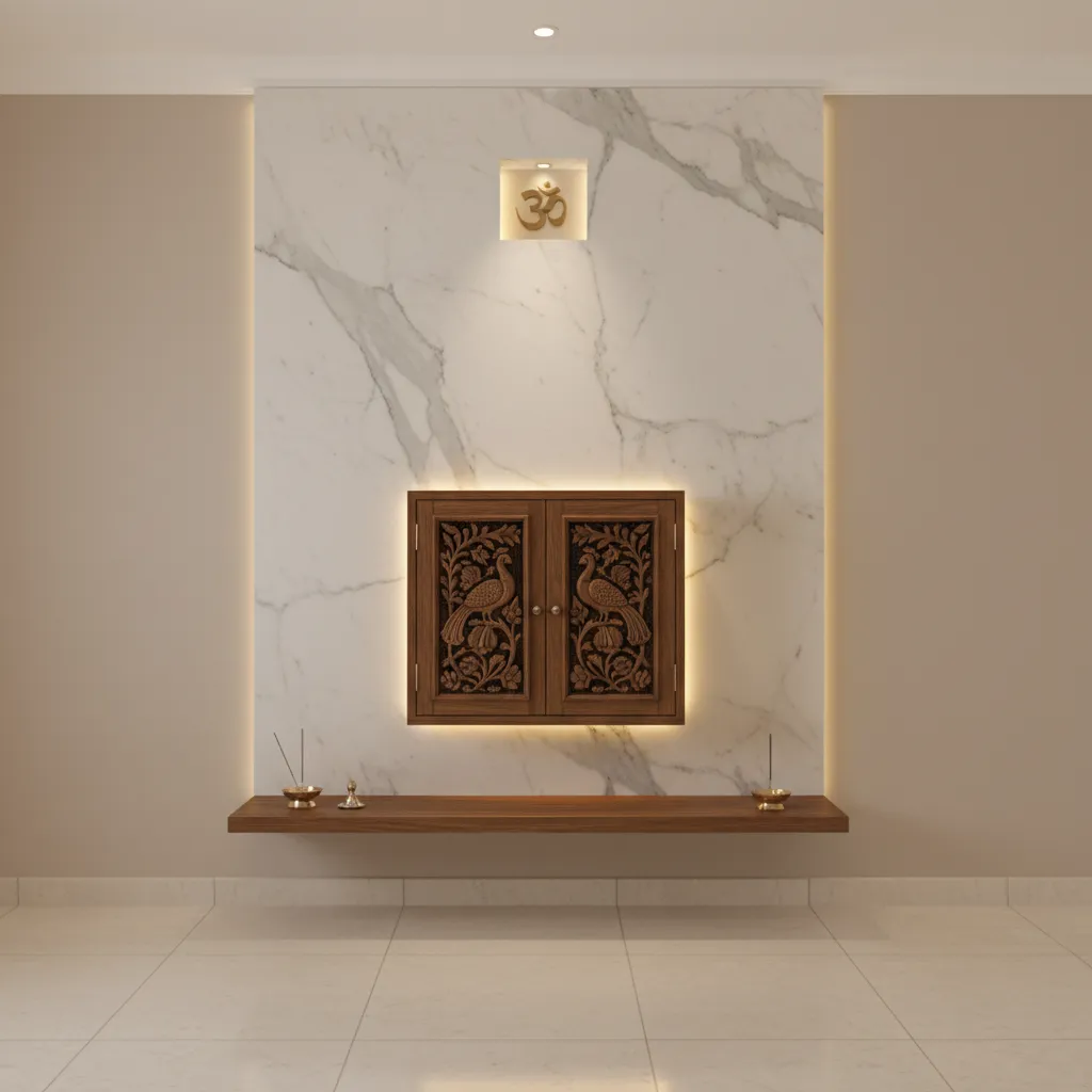 Wall mounted wooden pooja unit with backlit panel