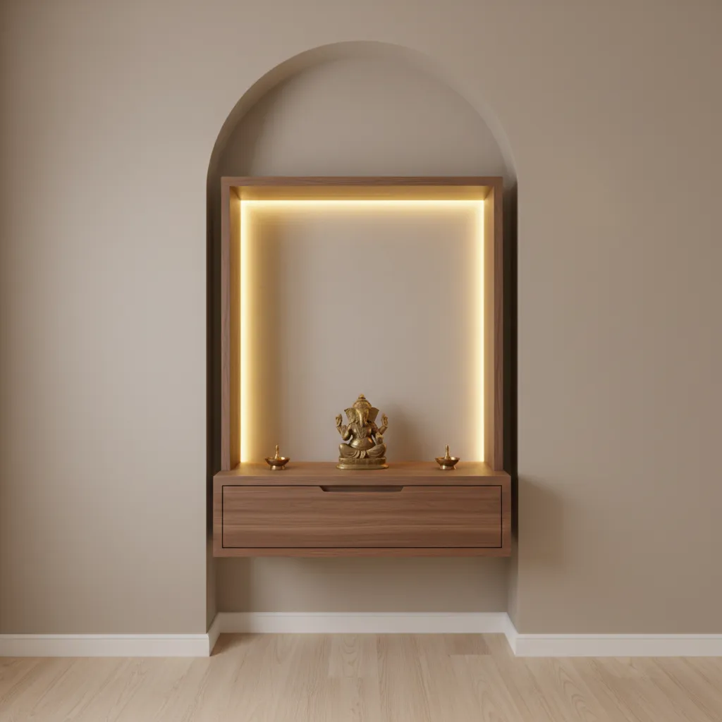 Floating wall mounted pooja unit with storage drawers