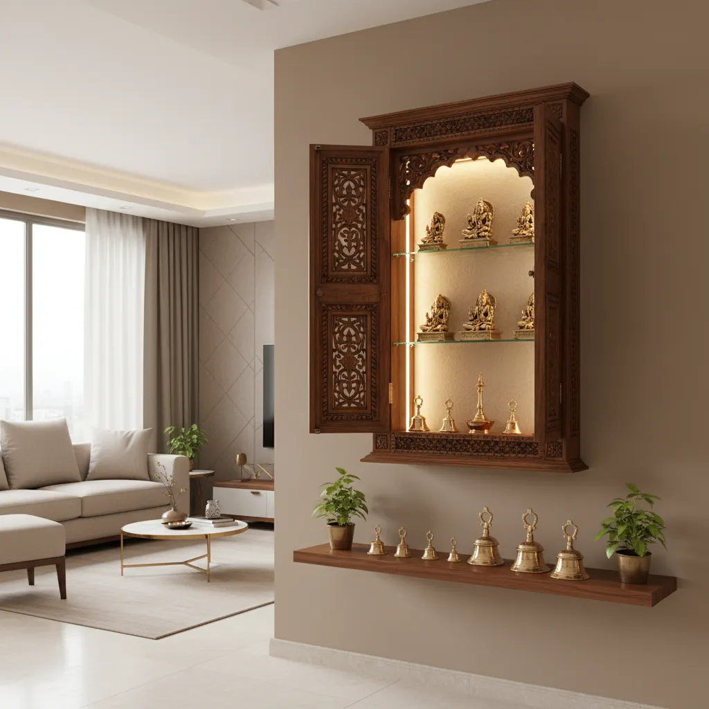 floating wall mounted wooden pooja unit with lighting