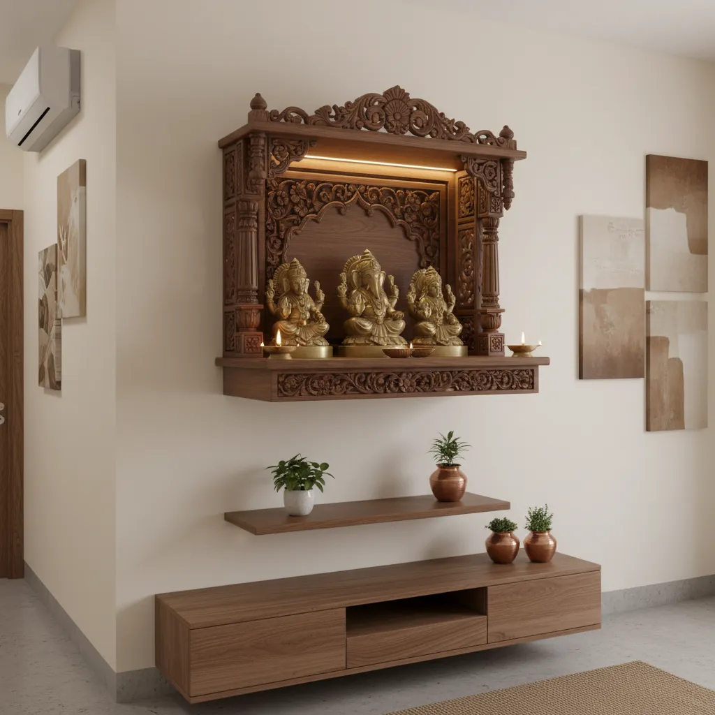 Wall mounted wooden pooja temple in a compact apartment interior