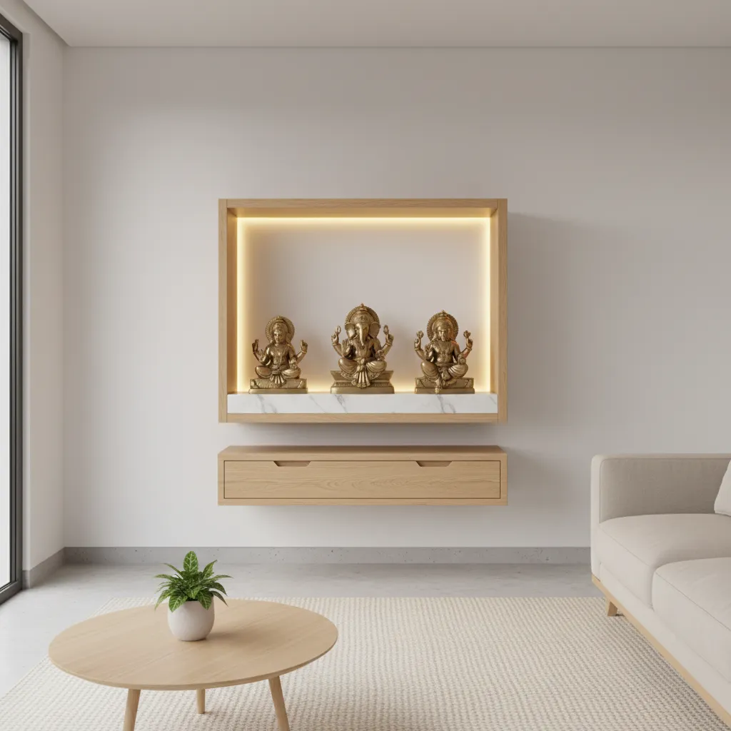 wall mounted wooden pooja unit with warm lighting in a small apartment living room