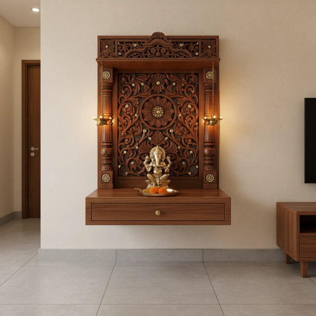Wall mounted wooden pooja unit with floating shelf and warm lighting
