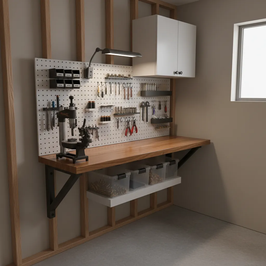 wall mounted reloading bench with reinforced brackets and vertical storage